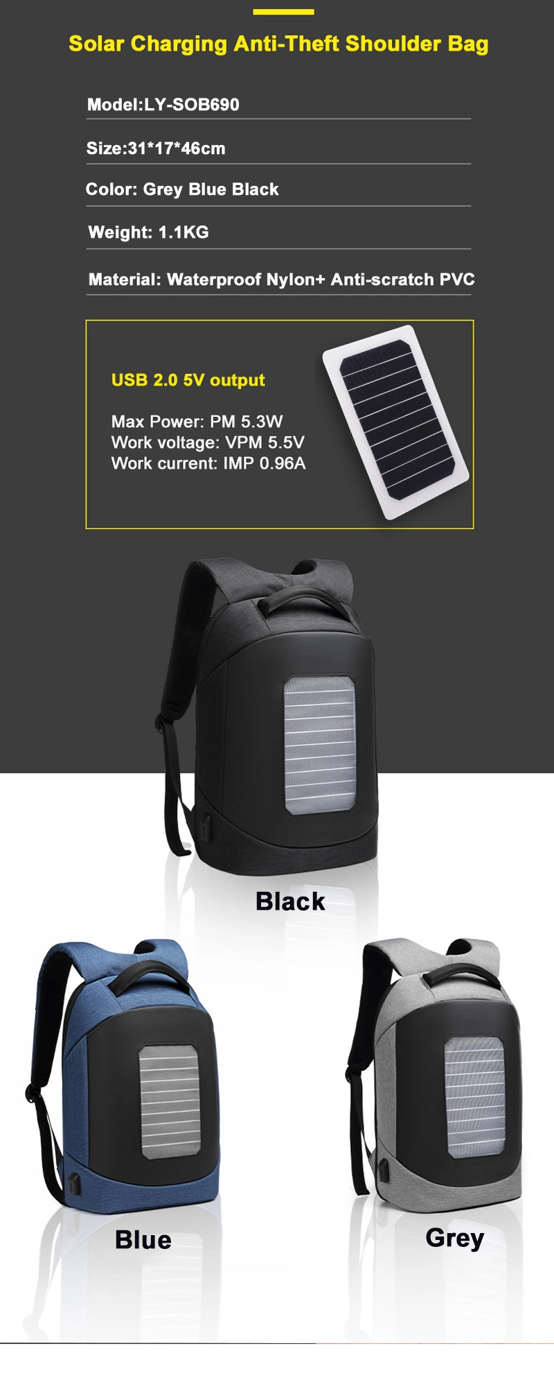 Laptop Bags Solar Panel Charger USB Charging Port Water Resistant Anti-Theft Solar Backpack Water Proof Travel Bag Laptop Solar Power Backpack