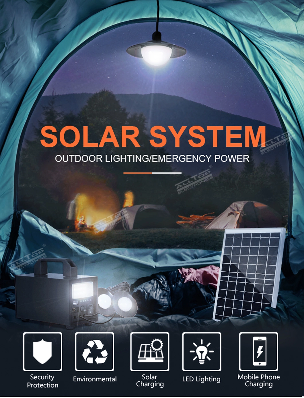 Alltop New Product Multifunction in One 20W 40W 60W Outdoor Indoor Camping Home Solar Power System